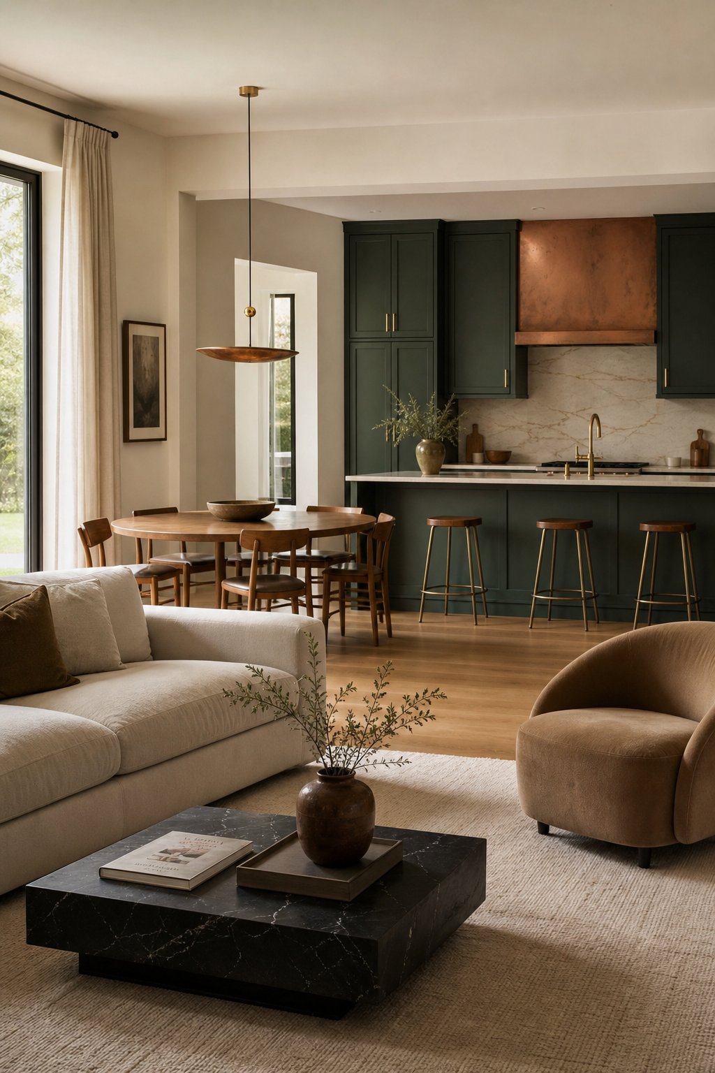 Renovated open-plan living room and kitchen with forest green cabinetry, copper range hood and oak floors
